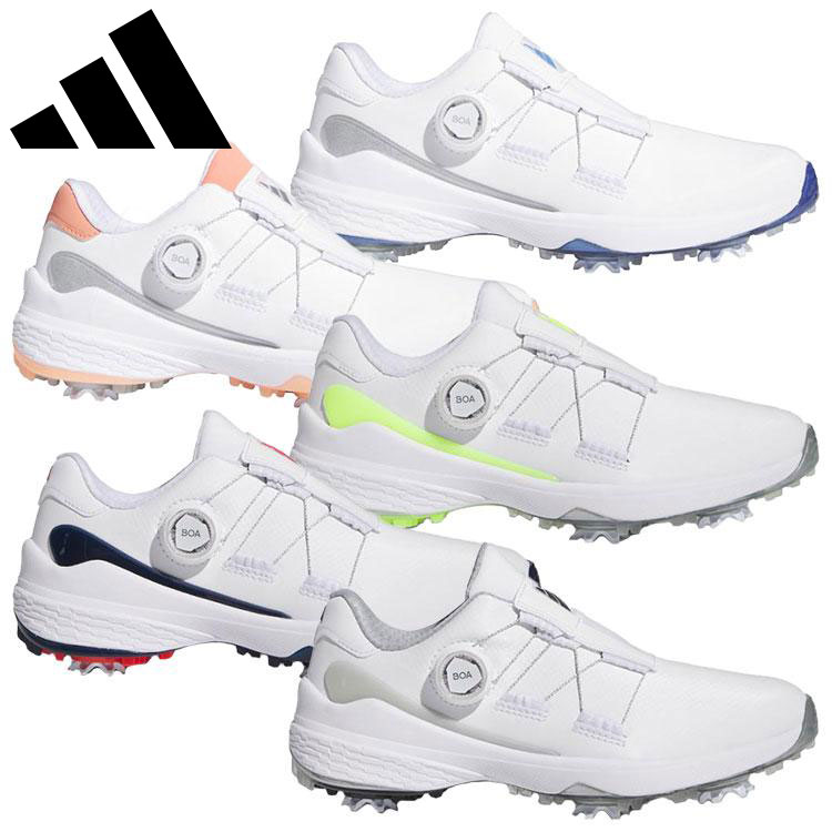 ADIDAS GOLF WOMENS ZG 23 BOA LII02レースモデルと同様に軽量性と快適性が向上しながら、更に強く速く振れる性能が大幅に強化されたコンセプトはそのままに、ZGシリーズ特有のTRI-WRAP BOA構造が更に進化。ZG23シリーズに共通する新ミッドソール・アッパー・アウトソールは同様に継承（詳細はレースモデルの説明を参照）。TRI-WRAPのパネルは更に薄く軽くしながら素材強度が向上する、ものフィラメント素材を採用することで、前作のBOAモデルから更に軽量化に成功しながら安定性とホールド感の向上を実現。構造的にはメインパネルとトップパネルに分かれており、前作になかった機能として、トップパネルが足の甲の高さや形状に合わせて自動的に安定性とフィット感の観点から最適な位置にパネルが収まるような新機能を搭載。BOAパネルの起点となる内足側の両パネルがペルトループ構造で重なりあってる構造になっていることで、トップパネルの位置がBOAダイヤルを締める際に順応し位置が変化できる。それに加えて内側側はパネルの起点と外足側にはレースガイドが新しいスタビリティーウィングに連結していることで、前作の構造にはなかった、足裏を含む360°を強力に安定させることが可能になりスイング時に驚異的な横方向に対する安定を実現する。これらの安定性がアップしながらもアッパーの構造もハーフブーティー構造を採用することで強くホールドする安定構造のタイトさや当たりを軽減。23.0cm 重量 : 約330g ウィメンズツアーパフォーマンスラスト(EE相当)■アッパー：人工皮革/合成繊維■ミッドソール：EVA(LIGHTSTRIKE PRO+LIGHTSTRIKE■アウトソール：合成底■サイズ：22.0～26.5cm■カラー：フットウェアホワイト/ブルーフュージョンメタリック/シルバーメタリック(GZ2171)フットウェアホワイト/コーラルフュージョン/シルバーメタリック(HP2225)フットウェアホワイト/シルバーメタリック/ルシッドレモン(IE2134)フットウェアホワイト/カレッジネイビー/ブライトレッド(IE2135)フットウェアホワイト/コアブラック/シルバーメタリック(IF0239)【メーカー取り寄せ商品】在庫の有無・納期は改めてご連絡させていただきます。取り寄せの為、ご購入いただけましても、欠品・完売の場合もございます。