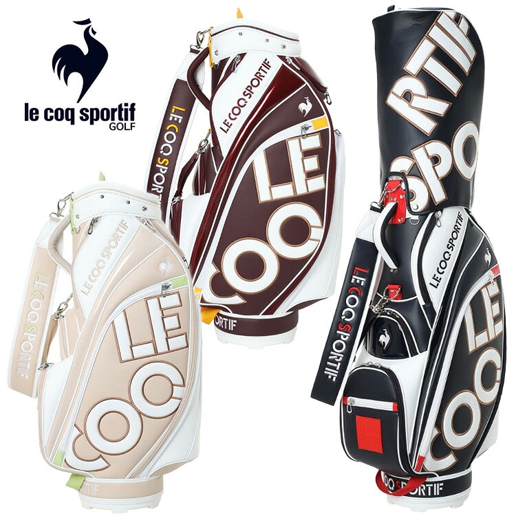 フランス生まれのルコックスポルティフ(le coq sportif golf)が、機能性とファッション性あふれる、お洒落なゴルフスタイルを創造します。大胆にロゴを落とし込んだ、新しいテイストの9.0型キャディバッグ。PU素材に艶やかなエナメルを掛け合わせ、フードから本体にかけて大胆なブランドロゴを配した主役級バッグ。PVC素材のワッペンや、一部の刺繍に差し色を効かせたカラー配色。口枠のセパレート部分にはクラブのシャフトを保護する「シャフトガード」を配置し、ギアの傷つきを軽減。3.9kg / 9.0型 / 6分割 / 47インチ対応原産国：中国メーカー希望小売価格はメーカーサイトに基づいて掲載しています
