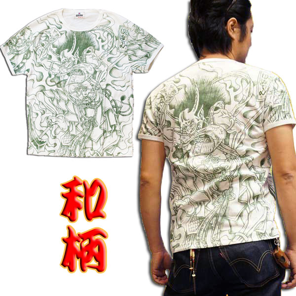 和柄 刺青Tシャツ(半袖)[筋彫り 風神/緑]【刺青シリーズ】 【和彫り 筋彫り 入墨 入れ墨 タトゥー ハーレー バイカー ロック T ロカビリー 的屋 チンピラ 旧車族 悪羅悪羅 オラオラ プレゼント 誕生日 Tシャツ 通販 メンズ】