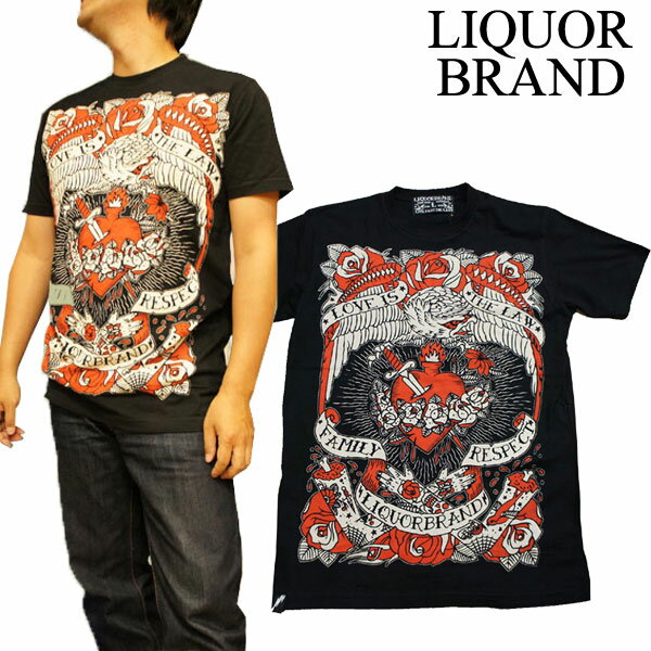 【M】メンズ Tシャツ【LIQUOR BRAND】イーグル・ハーツ 半袖 綿100% 黒 リカーブランド リキュールブラ..