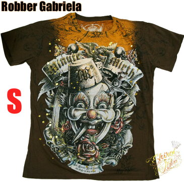 シロイネコ・MINUTE MIRTH/Tシャツ【悪魔のピエロ】山吹色x茶 メンズ【ロック・ロックンロール・パンク・タトゥー・刺青・ロカビリー・チカーノ】