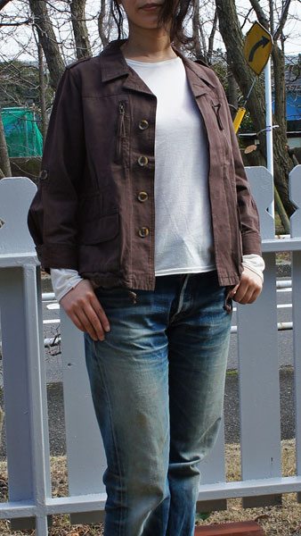 レディース ジャケット 春 ブラウン ひよく仕立て ボタン開閉 短め SからM程度 小柄 裏地なし 茶色