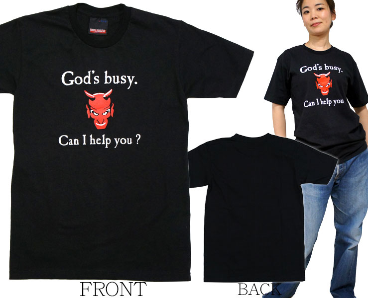 【M】【L】【XL】おもしろTシャツ 悪魔のささやき 神は忙しいです。何かお手伝いしましょか？ 半袖 黒 サタン レッドデビル デーモン Tシャツ 綿100% プリントTシャツ 面白Tシャツ 大きいサイズ