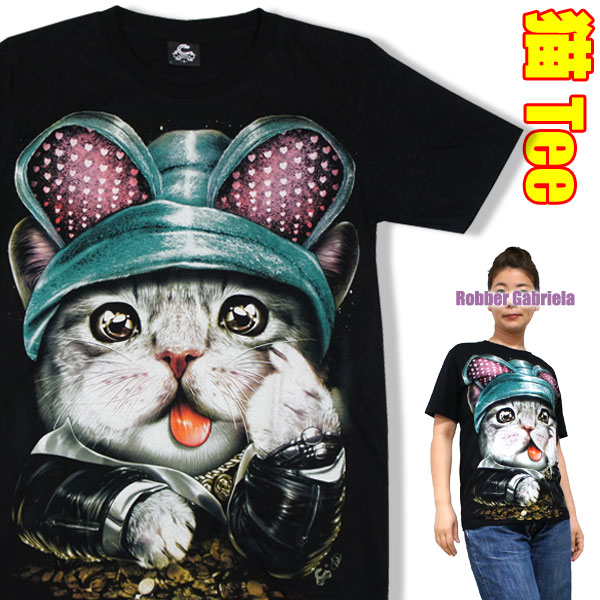 おもしろTシャツ 【S】オモシロ 猫Tシャツ・うさみみロックンキャット【半袖】黒/レディース SUPER GLOW 猫 ねこ ネコ イラストTシャツ プリントTシャツ 面白Tシャツ おもしろTシャツ アニマルTシャツ〜猫ねこ迫力プリントシリーズ〜猫tシャツ ネコtシャツ ねこtシャツ にゃんこ