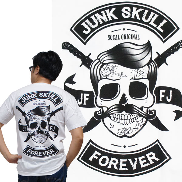 【S】【M】【L】【XL】バイカーTシャツ・JUNK SKULL・ジャンクスカル(半袖Tシャツ) 白/綿 スカル ドクロ ガイコツ ロック リーゼント 髭 ナイフ スカル ロカビリー オールドスクール メンズ レディース 男性 女子