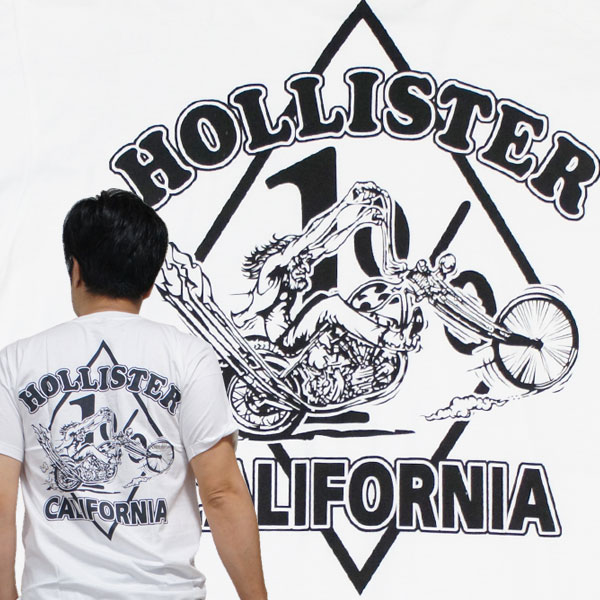 【M】バイカーTシャツ HOLLISTER CALIFORNIA ホリスターカリフォルニア(半袖Tシャツ)白 チョッパー ロングフォーク ロカビリー ハーレー アメリカンバイク アメカジ ストリート メンズ レディース 男性