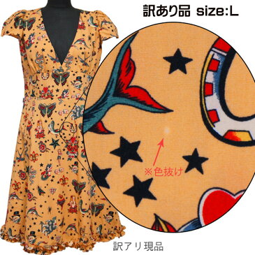 【L】【訳アリ】小悪魔アメリカンタトゥー ワンピース 袖つき(ベージュ)/オールドスクール アメリカントラディショナル タトゥー 入墨 刺青 サイコビリー ロック ロカビリー ロックンロール ファッション クラシック レトロ ライブ 50's 60's オールディーズ