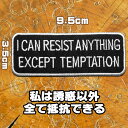 刺繍アイロンワッペン アップリケ パッチ【I CAN RESIST ANYTHING EXCCEPT TEMPTATION/私は誘惑以外全て抵抗できる。】黒 白 長方形 英語 文字 スラング 横9.5センチ 縦3.5センチ アイロン接着 糊付き ワッペン