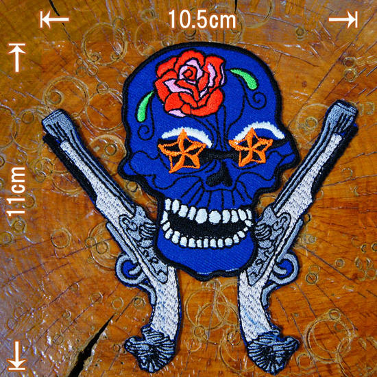 刺繍アイロンワッペン アップリケ パッチ【薔薇のスカルガンマン】ダークブルー ドクロ ガイコツ 西部 ..