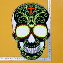大きい刺繍アイロンワッペン【蛍光スカル】タテ25.5cm ヨコ17cm メキシカンスカル ドクロ どくろ 頭蓋骨 アップリケ パッチ 大きな 大人向け 背中 アイロン接着 糊付き 黒/蛍光緑/白/赤