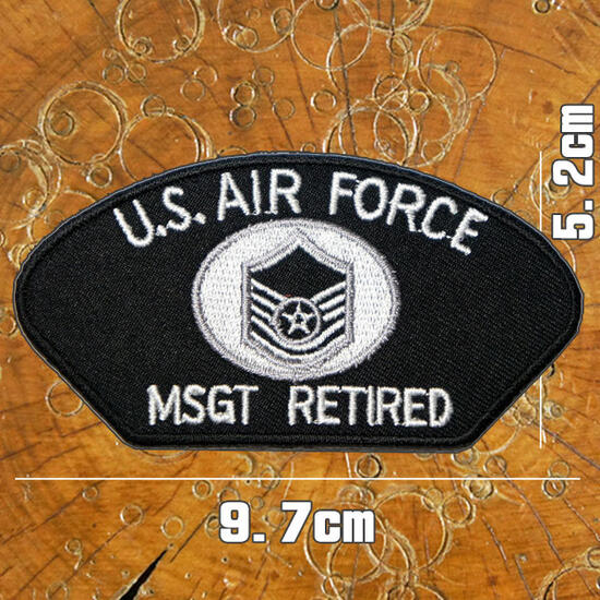 刺繍 アイロン ワッペン【U.S.AIR FORCE MSGT RETIRED】ミリタリー 軍物 米軍 アメリカ 空軍 US エアフォース 黒 白 MA-1 サバゲー サバイバルゲーム アップリケ パッチ wappen patch