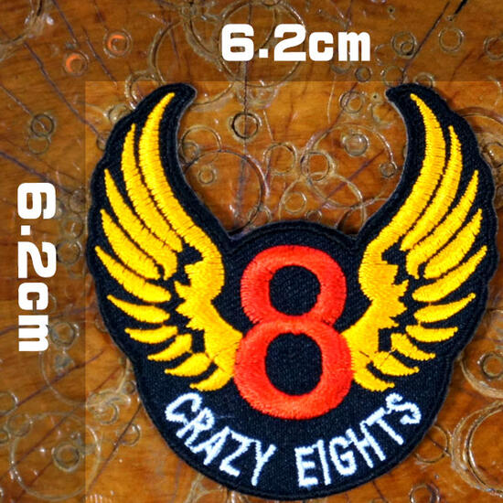 バイカーワッペン【クレイジーエイト CRAZY EIGHTS】8 ウィング ハーレー アメ車 アメカジ バイクウエアー 雑貨 刺繍ワッペン 刺しゅう パッチ アップリケ 糊付き