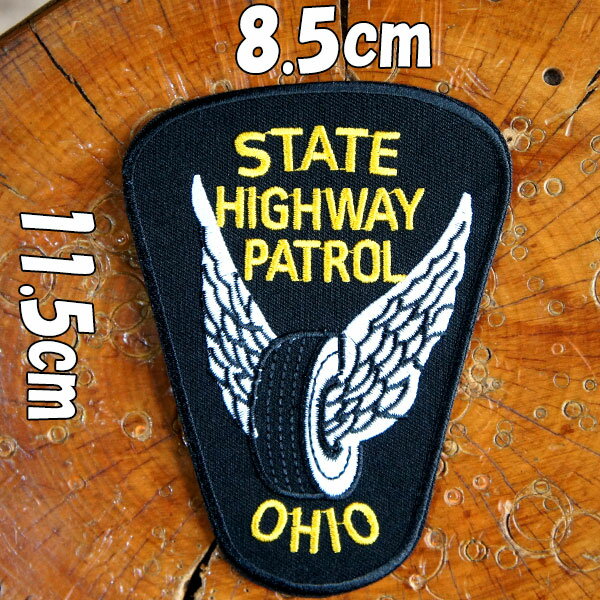 アメカジワッペン【STATE HIGHWAY PATROL OHIO・オハイオ州 ハイウェイパトロール】タイヤと羽 黒 州警察 アメ車 刺繍ワッペン パッチ のりつき 手作り リペア 大人向け wappen patch