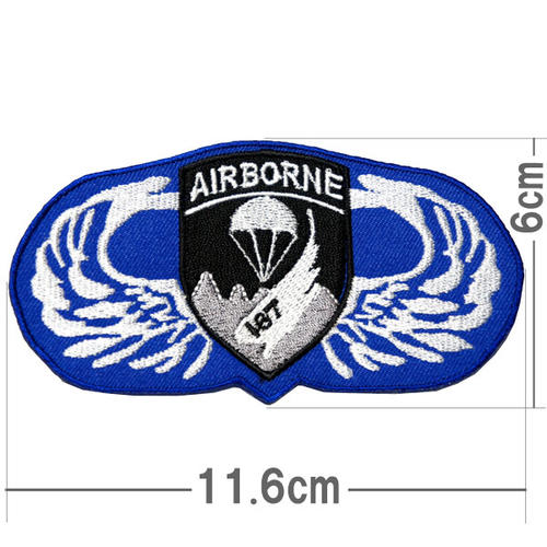 刺繍アイロンワッペン【AIR BORNE】青 黒 白 エアボーン 空中挺進 空輸挺進 空挺 陸軍 軍物 米軍 ワッ..