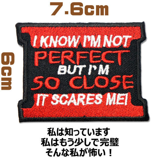 刺繍 アイロン ワッペン【I KNOW I'M NOT PERFECT BUT NOT SO CLOSE IT SCARES ME!/私は知っています 私はもう少しで完璧 そんな私が怖い！】スラング 英語 単語 俗語 言葉 文字 のりつき パッチ アップリケ バイカー ホットロッド バイク パッチ アップリケ