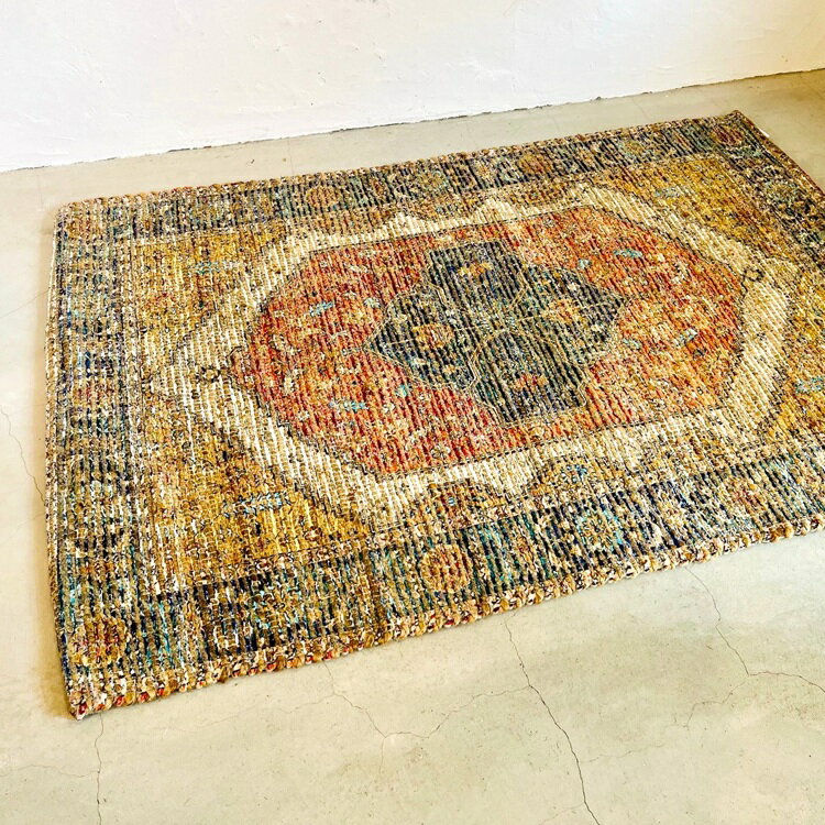 Rakuten - 「ラグマット 90×130cm・ RM-06」ジュートラグ 手織りラグ フロアマット リサイクルラグ 絨毯 敷物 デザインラグ オールシーズン インド モロッカン エスニック トライバル 長方形 おしゃれ リビング ダイニング 寝室 玄関