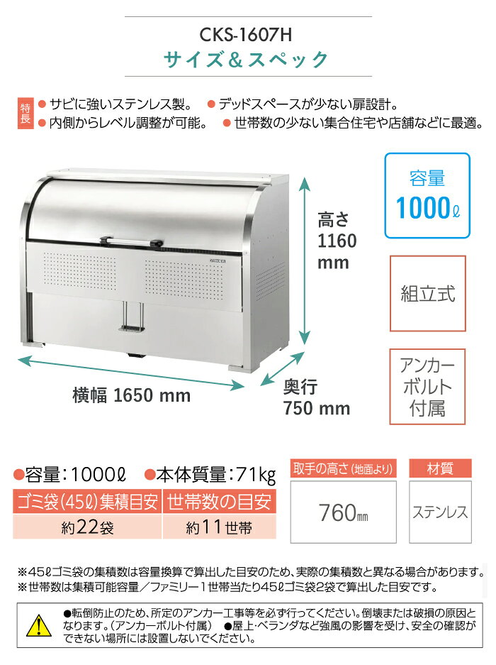 ゴミ収集庫 屋外 ダイケン CKS-1607H クリーンストッカー 1000L W1650mm D750mm 非...