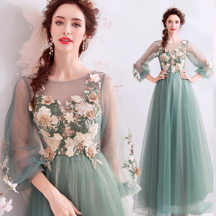 ウェディングドレス　大きいサイズ　カラードレス　ウェディング　Aラインドレス　長袖ロング/カラードレス 緑/刺繍…