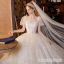 ウェディングドレス パフスリーブ プリンセスドレス 結婚式ドレス 花嫁ドレス ウェディングドレス シャンパン スパンコール キラキラ キレイめ 海外挙式 トレーンドレス Aライン 袖あり ロングドレス 編み上げ シャンパン