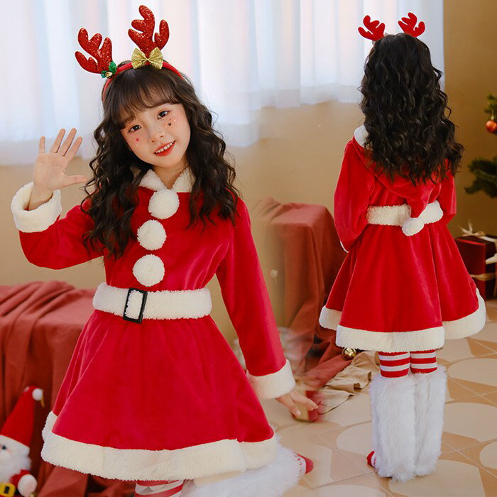 クリスマス コスプレ 子供 サンタ服 女の子 キッズ サンタコスプレ サンタクロース クリスマス衣装 2点セット ワンピース 帽子 トナカイ ワンピース プレゼント ファミリーパーティー コスチューム 仮装 演出服 パーティー プレゼント