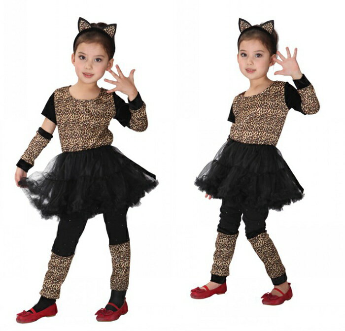 【在庫処分】【一部即納】【ハロウィン コスプレ 子供用　黒猫 豹 】猫 豹柄 仮装 キャットネコ 猫耳 ネコ耳 衣装 仮装 ハロウィーン パーティー 子ども キッズ 魔女 コスプレ コスチューム 衣装 仮装 余興 女の子 イベント・ 衣装・仮装・変身