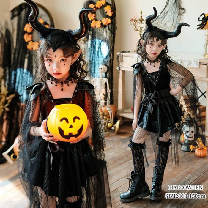 ハロウィン 衣装 子供 女の子 子供ドレス 吸血鬼 バンパイア 悪魔 魔女 コスプレ 子供用 仮装 キッズ ワンピース コ…