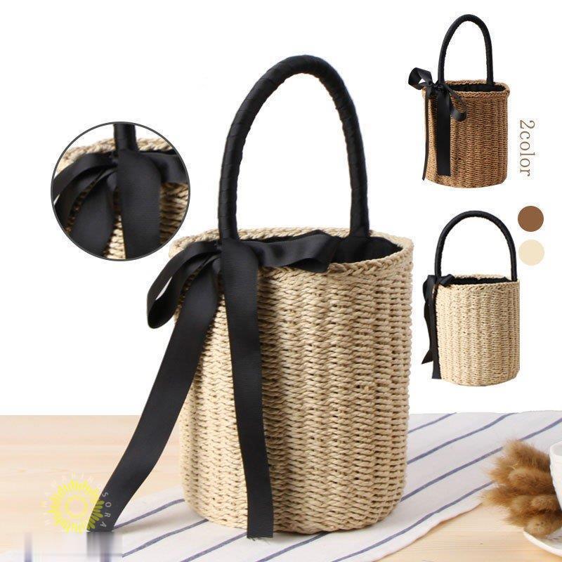 かごバッグ バケツ型 リボン付き ストローバッグ 手提げ バスケット ハンドバッグ 鞄 トートバッグ 夏 ..