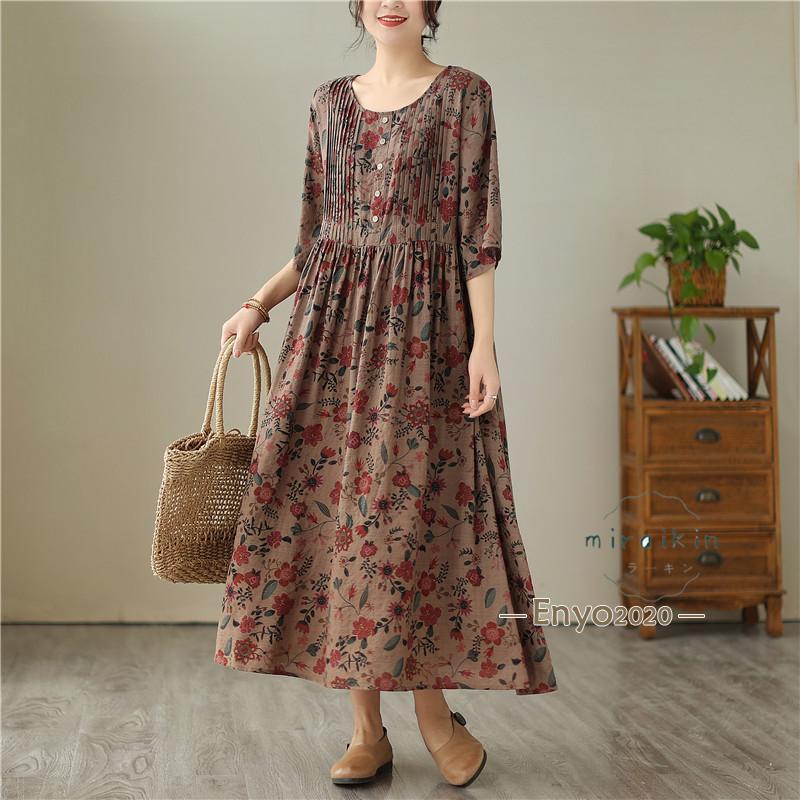 ワンピース花柄40代 夏 レディース 半袖 エスニック リゾートワンピース ロングワンピ マキシワンピース 大きめ着痩せ50代コーデ ドレス アジアンストア