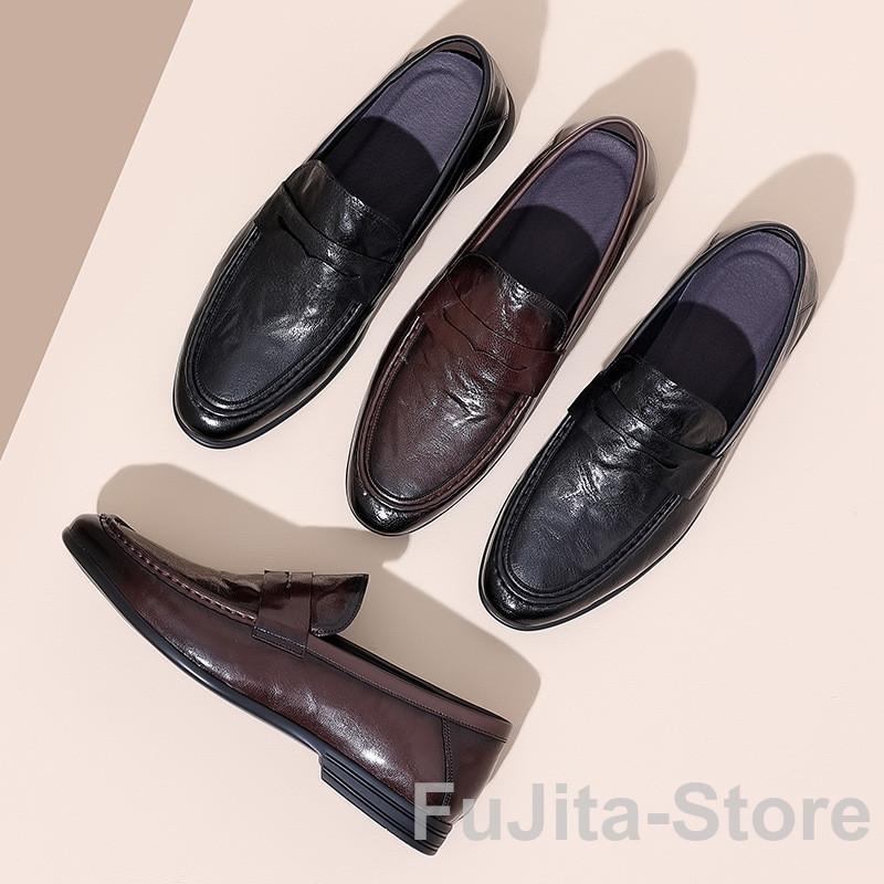 メンズ革靴ローファー本革靴歩きやすいシューズ通勤通学ビジネスカジュアルプレーンヒール厚底スリッポン紳士学生男性牛革レザー