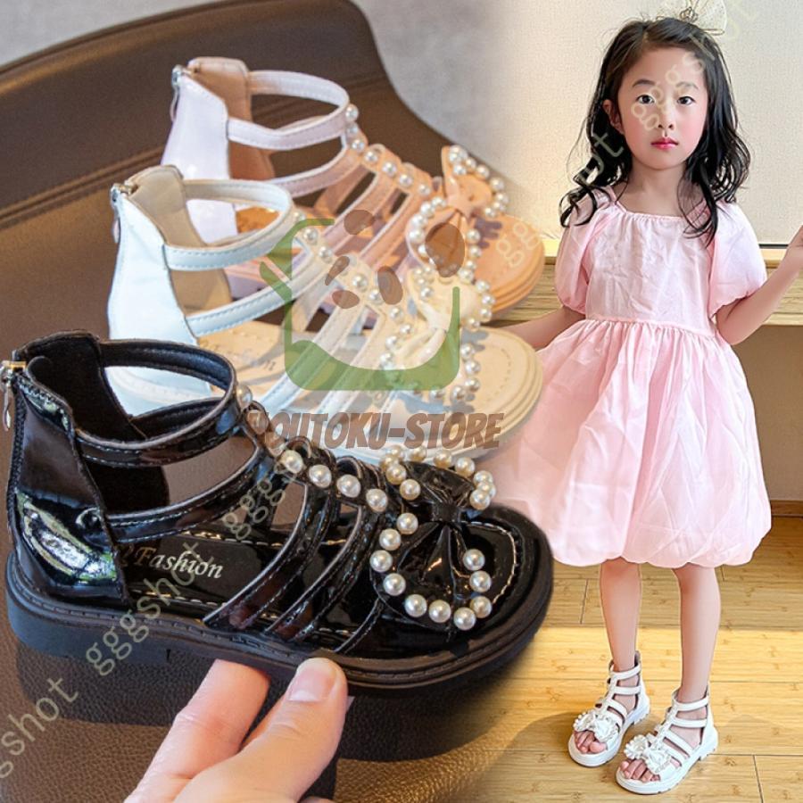 サンダル グラディエーターサンダル キッズ 子供 女の子 女児 リボン付き マジックテープ パール バックジッパー キッズシューズ 可愛い オープントゥ