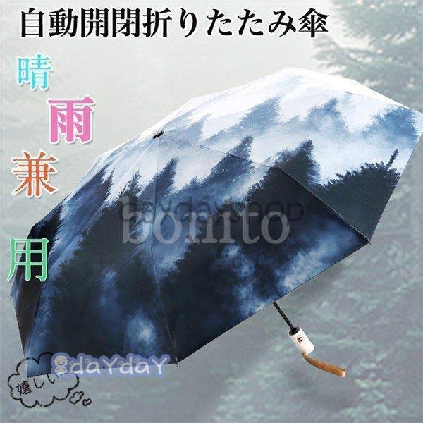 折りたたみ傘 レディース 晴雨兼用 日傘 完全遮光 uvカット 水彩模様 森 おしゃれ ワンタッチ開閉