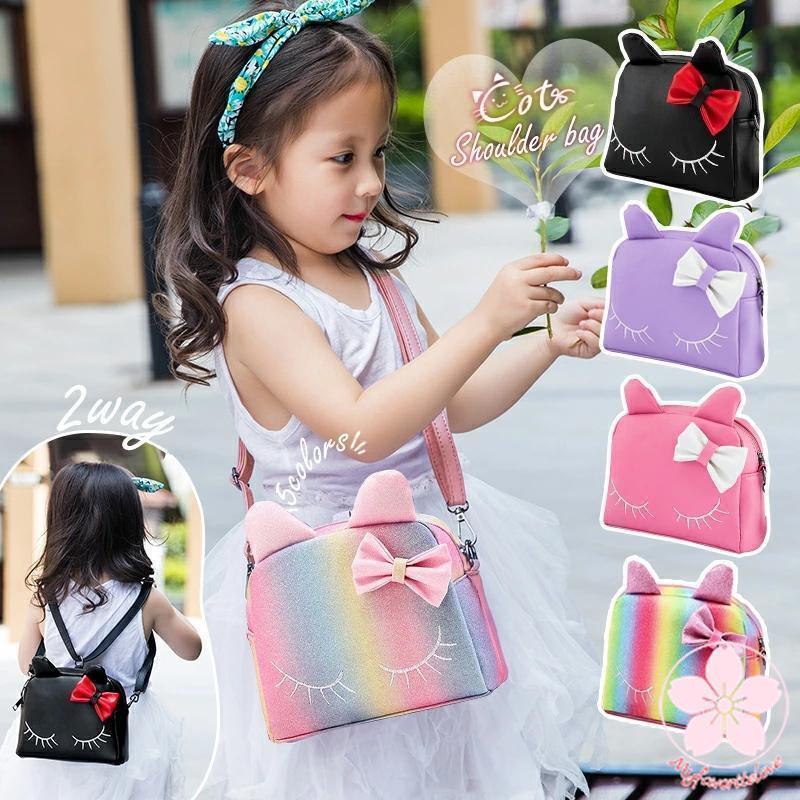 可愛い猫型 内ポケット付き キッズ ショルダーバッグ 女の子 2way 斜め掛け リュックサック 全5色 リボ..