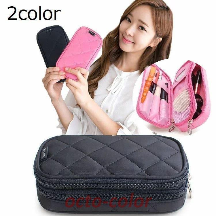 化粧ポーチ メイクポーチ コスメポーチ 小物入れ ファスナー 2層 鏡付き ブラシ入れ付き 無地 ブラック..