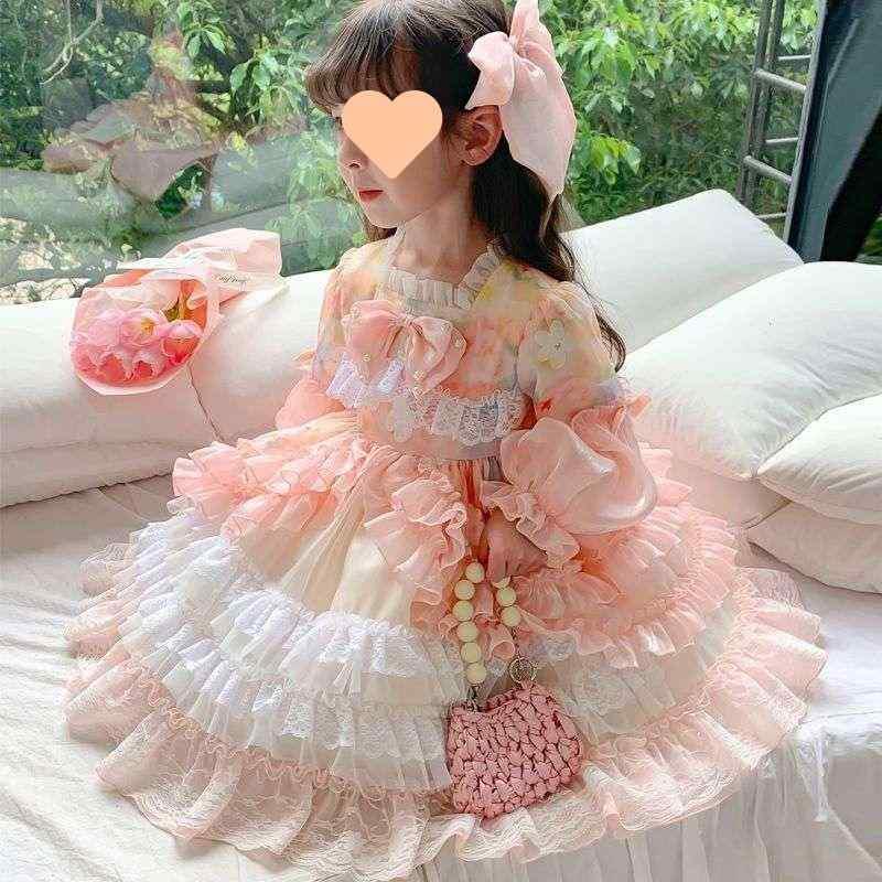 乐天商城 - ワンピース キッズ ロリータ プリンセス スカート 子供服 女の子 チュール 発表会 演奏会 ピンク ブルー ポリエステル 長袖 Aライン 100