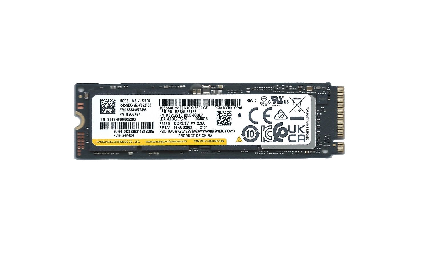 Samsung SSD M.2 NVMe Type2280 Gen 4x4 2048GB 2TB 7000 MB/s 【新品PCからの抜き取り品 】