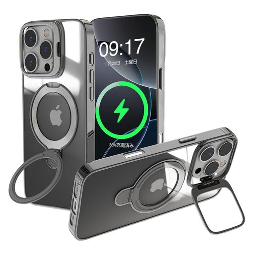 HALTSUTOiPhone16ProMax用ケースリングレンズスタンド内蔵縦横両対応透明iPhone本体色黄ばみ防止ワイヤ..
