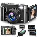 デジタルカメラ 4K デジカメ 4800万画素 180度回転可能ディスプレイ 自撮り VLOG コンデジ オートフォーカス機能 16倍ズーム 手振れ補正 32GBマイクロSDカード/52MMUVフィルター/バッテリー2枚/バッテリー充電スタンド付属 初心者