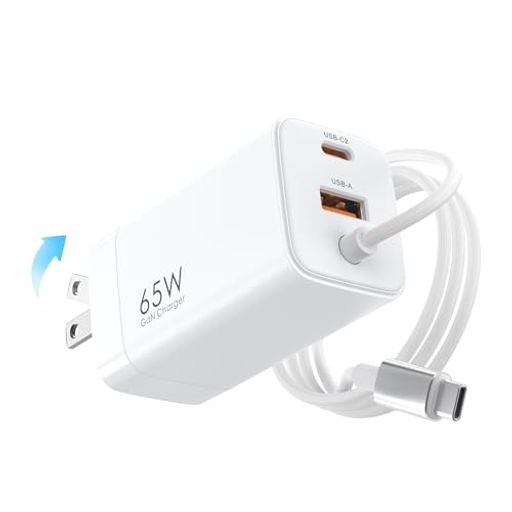 TOPADRE65W充電器TYPE-C1.5Mケーブル一体型3ポート急速充電【折畳式プラグ&GANIII採用&PSE認証&ナイロン編み断線防止】ノートPC用ACアダプターPD3.0/QC4/PPS対応安全で低温PCラップトップ