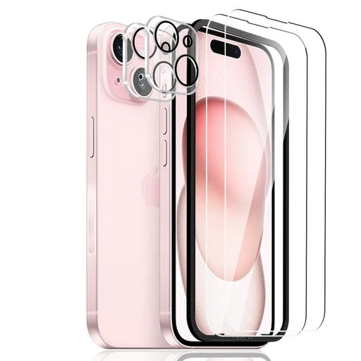 【2+2枚】IPHONE15 ガラスフィルム(2枚入り)+ カメラフィルム(2枚入り)IPHONE 15 ガラスフィルム 全面 保護 硬度9H 高透過率 飛散防止 強化ガラス 耐衝撃 液晶保護フィルム 指紋防止 気泡ゼロ 自動吸着 貼り付け簡単
