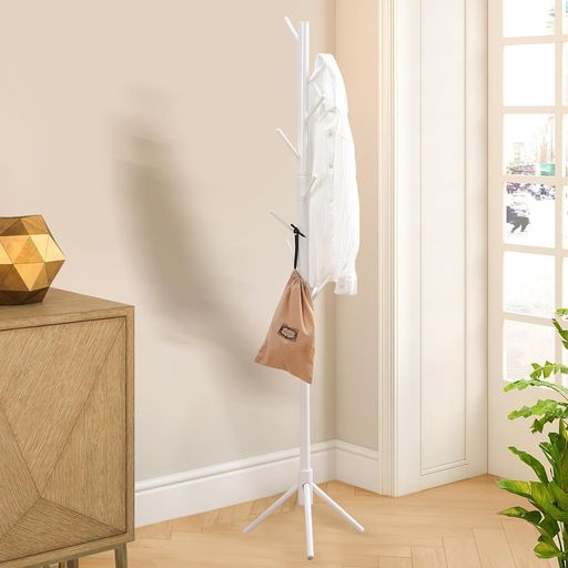 VECELOポールハンガー幅45x奥行き45x高さ175CMコートハンガーコートラックハンガーラック帽子掛けコート掛け玄関収納竹製おしゃれ衣類収納組立簡単ホワイ...
