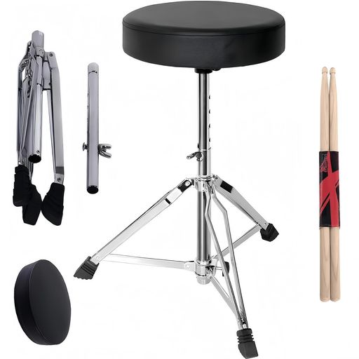 高品質な素材と快適性:金属フレームと人工皮革を組み合わせたドラムスツールは、プロの長時間セッションにも耐える耐久性を実現。人体にやさしいクッション性と適度な反発力により、座り心地と姿勢サポートを両立。高級人工皮革を使用したシートカバーは通気性に優れ、夏場の蒸れや冬場の冷たさを軽減。 自在な高さ調整機能:42cmから58cmまでの5段階に及ぶ精密な高さ調節が可能で、あらゆる体型のドラマーに最適なポジションを提供。頑丈な中間チューブとネジ固定システムにより、調整後のガタつきを完全に防止。約7cmのクッションが臀部への負担を分散し、長時間の練習でも座面の変形や沈み込みを防ぎます。背筋を自然に伸ばせる最適な高さに調節できるため、ドラミング時のフォーム維持にも効果的です。 安定性抜群のダブルサポート構造:3本の脚はすべてダブルレッグなので、ドラムスツールは非常に安定しており、演奏しやすくなっています。滑り止めゴムチップが床面にしっかり食い込のような激しい動きでもスツールがずれる心配がありません。特殊ゴム材質は床材を傷つけず、ホールの貴重なフロア保護にも配慮。