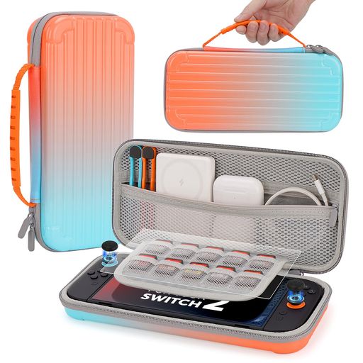 【お得な3点セット】セット内容:Switch 2収納ケース x1、強化ガラスフィルム x1、スティックキャップ x2。開封後すぐに使える便利なアクセサリーバンドルです。 【Switch 2専用設計 &amp; しっかり保護】 外装は衝撃に強いPC+ABS素材、内側はやわらかなフリース生地で、持ち運び中の傷や衝撃からSwitch 2本体をしっかり保護。内部のゴムバンドで本体を固定し、移動中の揺れも安心です。 【抜群の収納力】ゲームカード(最大10枚)、充電ケーブル、イヤホン、HDMIケーブルなどをまとめて収納できるメッシュポケット付き。持ち運びにも自宅保管にもぴったりです。※Switch 2純正ACアダプターは収納できませんのでご注意ください。 【持ち運び便利】キャリングケースには、持ち運びが簡単な取っ手が付いています。取り出しやすいダブルファスナーを採用。これにより、自宅、通勤、出張、旅行時の保管や収納が非常に便利です。また、プレゼントとしてもお勧めできるアイテムです。 【18ヶ月安全保証】製品は18ヶ月安全品質を保証する。