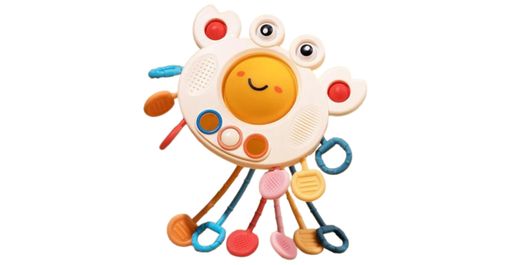 かわいいカニのモンテッソーリ感覚おもちゃ、シリコン製の引っ張るストリングの歯固めおもちゃ、赤ちゃんの運動能力と感覚スキルを発達させながら楽しませるのに最適です。