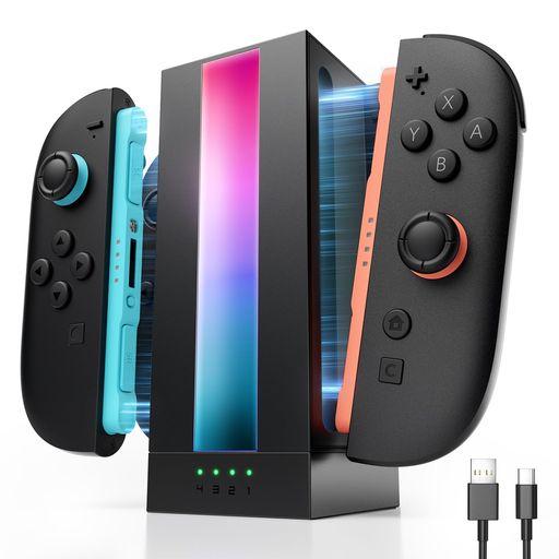 JSAUXEnergyFlowSwitch2ジョイコン用充電ドック|急速4台同時充電・RGBライト・LEDライト・TypeCケーブル付属|Switch2JoyConコントローラー対応スタンド