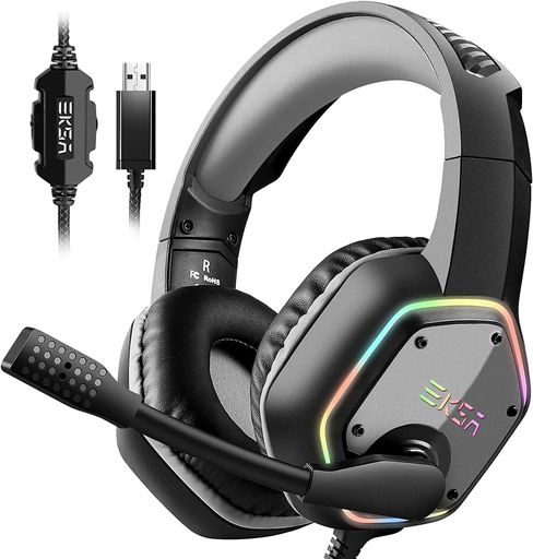 EKSAE1000ゲーミングヘッドセットPS4/PS5/PC用USBゲーミングヘッドホン50MMドライバー7.1CHサラウンドサウンドヘッドフォンプラグ&プレイ単一指向性マイクノイズキャンセリング高遮音性イヤー…