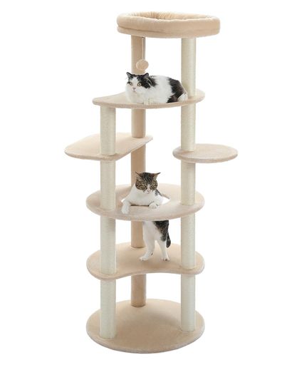 PETEPELA キャットタワー スリム 大型猫用 多頭飼い 麻紐 爪とぎ 転倒防止ベルト付き 据え置き 高さ154cm ベージュ