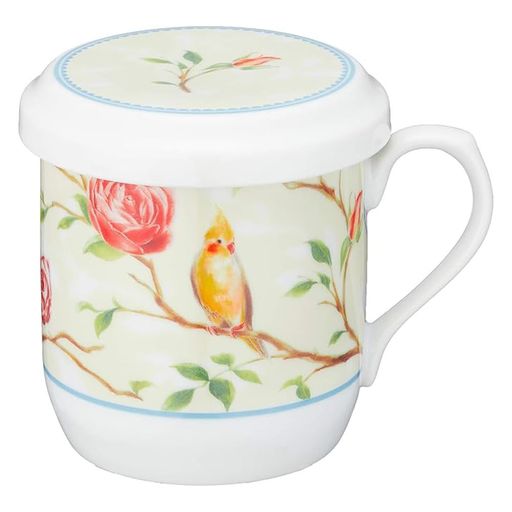 NARUMI(ナルミ)フタ付マグカップインコとバラ290ccかわいい茶こし付蓋付きマグカップ母の日プレゼント電子レンジ温め対応日本製ギフト箱入り41531-32930