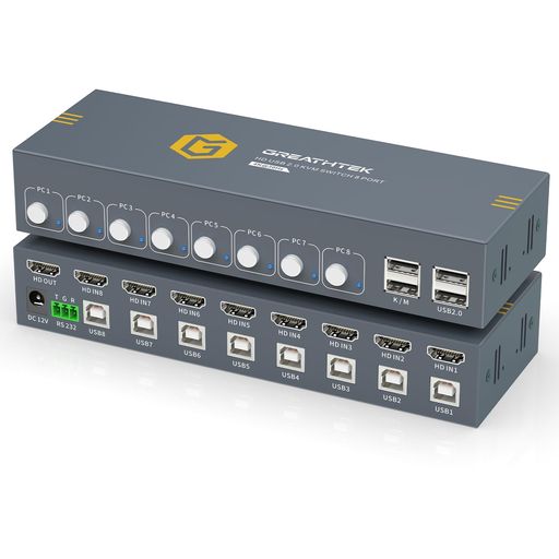 【8入力1出力 HDMI KVMスイッチ】このKVM 8台 HDMIは、一組のキーボードとマウスで最大8台のコンピュータを制御でき、同時に1台のモニターと4つのUSBデバイスを共有し、複数のデバイスを簡単に管理できます。ケーブルと設備を頻繁に交換する必要がなく、雑然とした場所を効果的に減らし、スペースを節約します。スイッチャーのLEDランプは、稼働中のコンピュータをはっきりと表示し、リアルタイムの監視に便利です。 【プラグアンドプレイ】このKVMスイッチ 8台をインストールした後、ドライバをインストールせずにすぐに使用できます。 オフィス、家庭、金融会社などの職場環境でも、広く応用できます。 より安定した設備接続のために、KVM 8台は直流12V電源接続が必要です。