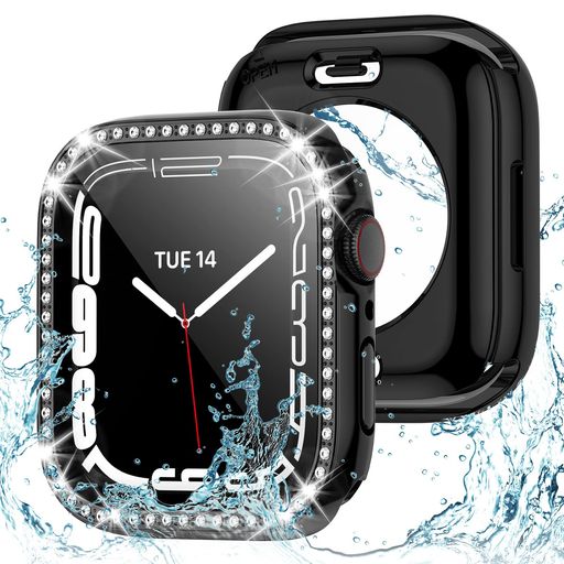 KAWOCO アップルウォッチ 保護 カバー 45MM 薄型 防水 強化ガラス APPLE WATCH 一体型 二重構造 ケース SERIES 9 8 7 クリスタルダイヤ付き レディース IWATCH ケース PC環保素材 (ブラック 45MM)