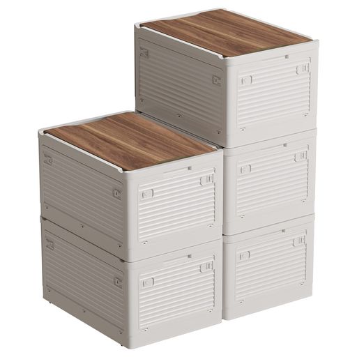 Aroya収納ボックス折り畳み木製天板全方向から取り出せる衣類整理キャスター付き収納ケース衣装収納蓋付き大容量大型家庭用オフィス用車用積み重ね幅60x奥行42x高さ34cmLサイズ5個木製ホ…